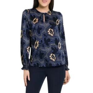 TED BAKER Blue Dotti Floral Print Blouse Size Large Long Sleeve Keyole Neckline